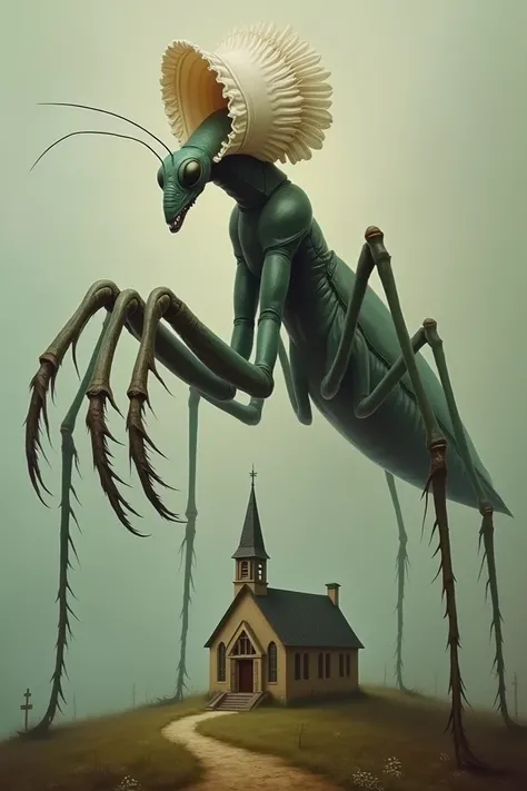 Surrealist painting of a giant mantis wearing a bonnet standing over a church