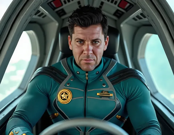 (Masterpiece photorealistic 8k) A space super hero, he is musculer with dasrk hair and a Handlebar mustache, he wears a teal and grey uniform with a gold badge, he has blue eyes and is a very handsom 25 year old male, he is at the controls of the bullet cl...