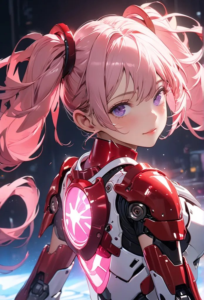 a girl with red twin tails wearing red and white robot armor, he holds a long red-handled spear in front of his chest with both ...