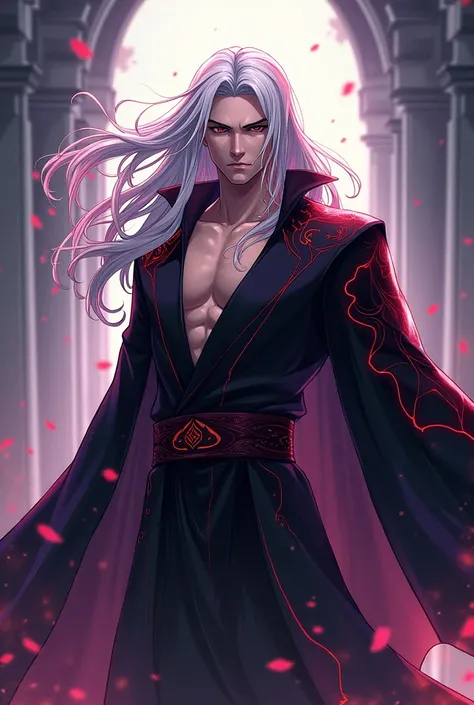 make me an anime Young male demon god with long silver hair wearing a robe that only reaches his thighs, his robe is black with red lines
