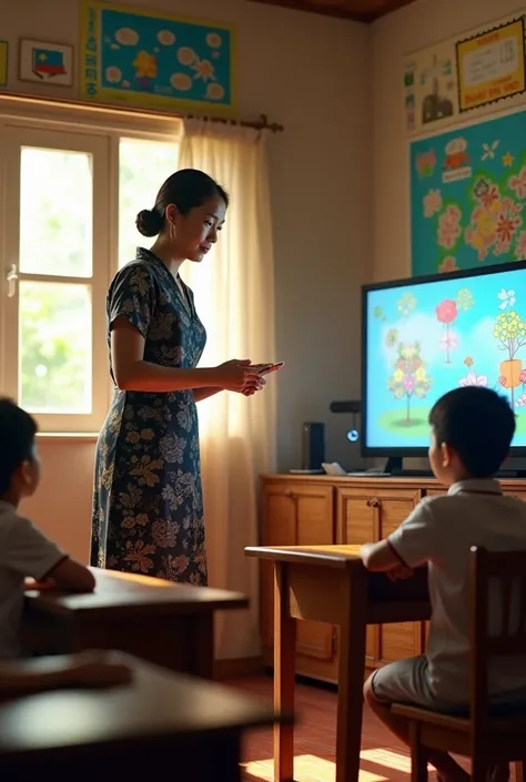 Draw a picture of a Vietnamese primary school teacher wearing a long dress using a television to teach