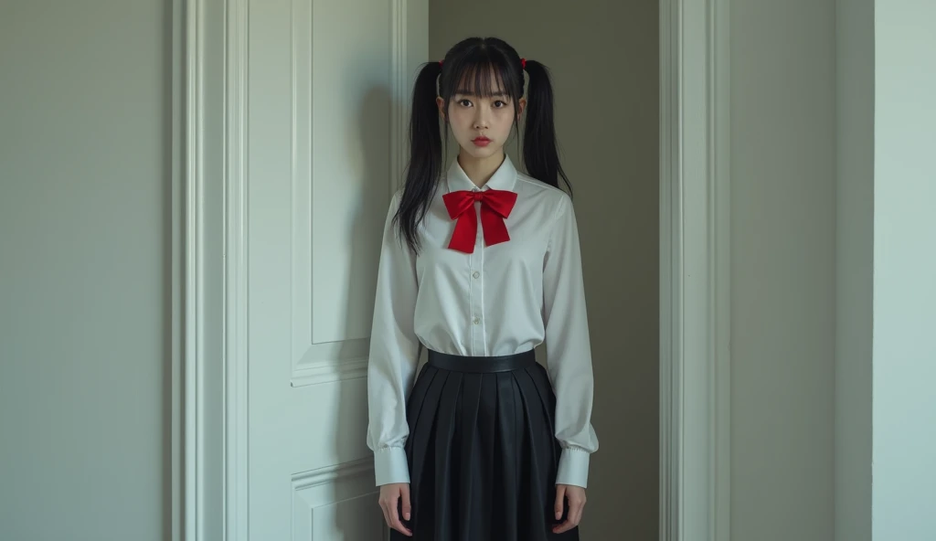 Hyperrealism，8K，Very realistic picture ， a young girl named Ruby， creates an atmosphere of loneliness and introspection ，Big breasts，Wearing double ponytails， in a white shirt ，Red bowtie， black pleated skirt ， She is standing in front of the living room d...