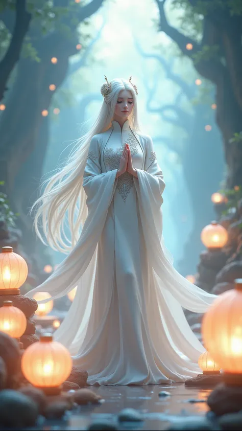  High Resolution , masterpiece,  high detail ,  Ultra HD,  Game Characters ，，，long white hair,   Eyes closed ， White Chinese Drama Costume，Portable lanterns， Shine Effect , 3D Rendering,Fantasy World