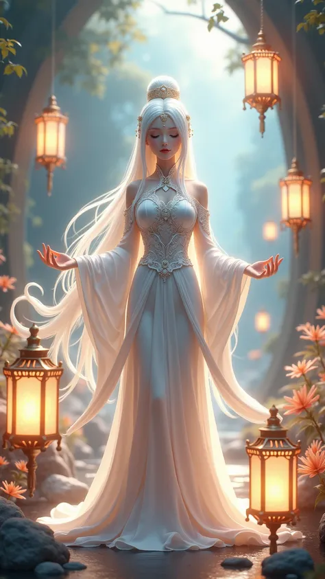  High Resolution , masterpiece,  high detail ,  Ultra HD,  Game Characters ，，，long white hair,   Eyes closed ， White Chinese Drama Costume，Portable lanterns， Shine Effect , 3D Rendering,Fantasy World