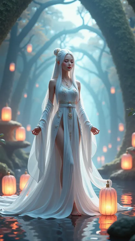  High Resolution , masterpiece,  high detail ,  Ultra HD,  Game Characters ，，，long white hair,   Eyes closed ， White Chinese Drama Costume，Portable lanterns， Shine Effect , 3D Rendering,Fantasy World