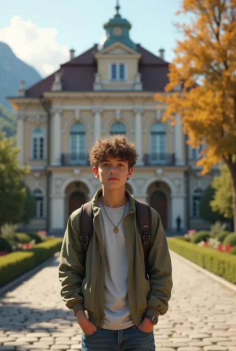 Create for me an image of a 17-year-old teenager who is in front of a Swiss gymnasium in Porrentruy