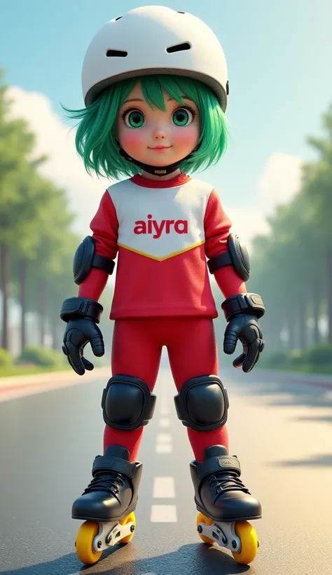 hyper realistic image, beautiful from korea (( usia 3 tahun )), shoulder length hair bright green, wearing white in lane skate helmet, wearing in lane skate jersey and pants combination of red and white, printed writing on the chest "AiYRA" (( elbow and kn...