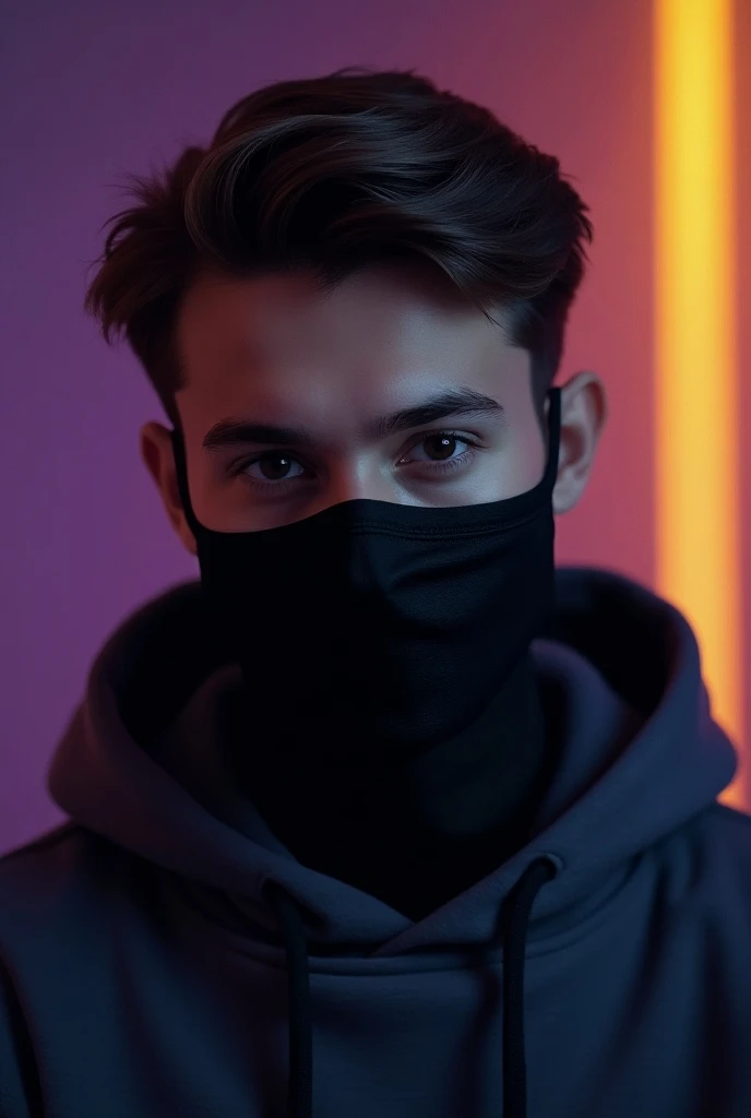 A close-up digital portrait of a young man wearing  a dark gray hoodie and a black face mask, set against an purpel/yellowish background in a full frame,