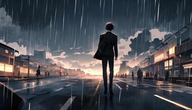 Anime Style, male、    black suit    、     black haired、  Back posture 、whole body、Black clothes 、storm、Strong winds、Heavy Rain、Urban Background、Around town、Backstreets、  male中央、Strength、 Hurry up 、Sprint、    Express a sense of speed 、Background Heath    、 ...