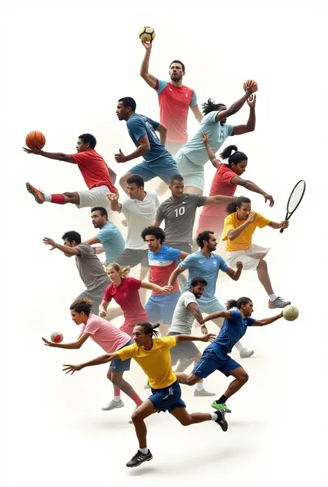 Combined photo of all sports in the world with white background and different colors and different styles sports 
