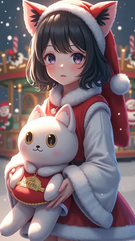 Black Haired Girl with Short Cat Ears, Bob Cut, and Curly Hair 。Eye color is black。 Santa cosplay 。Costumes are red and white。 has a Sanrio Kuromi-chan plush toy with MYO gold plate letters。 The background has a snowman with the Sanrio character Kuromi-cha...