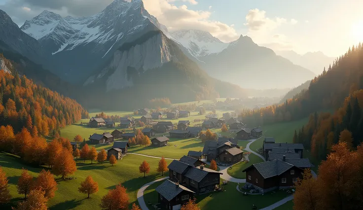 aerial view, a Swiss remote village next to a mountain, autumn, sunrise 