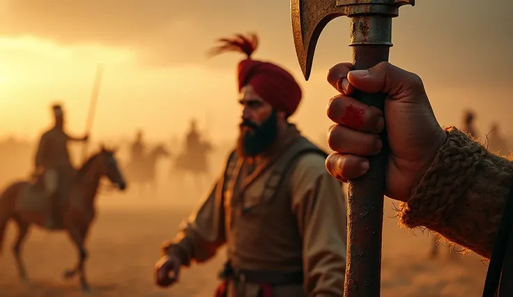 Background: A dramatic, warm-toned historical battlefield scene with sand, dust, and a fading sunset.
Foreground: A close-up of a hand gripping a traditional Punjabi hatchet (small battle axe) with bloodstains, symbolizing a warrior’s intense struggle.
Mai...