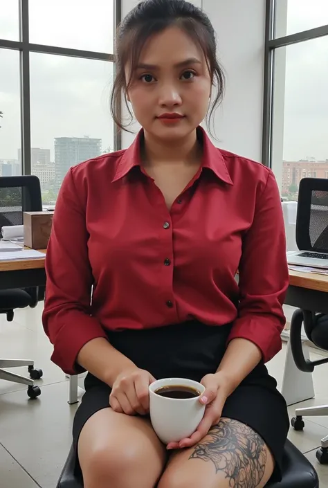 A beautiful and sexy woman, Short hair tied with slight front bangs, , , dressed as an office professional in a stylish and fitted office outfit that exudes elegance. She is sitting comfortably, crossing her legs with a poised demeanor, holding a cup of co...