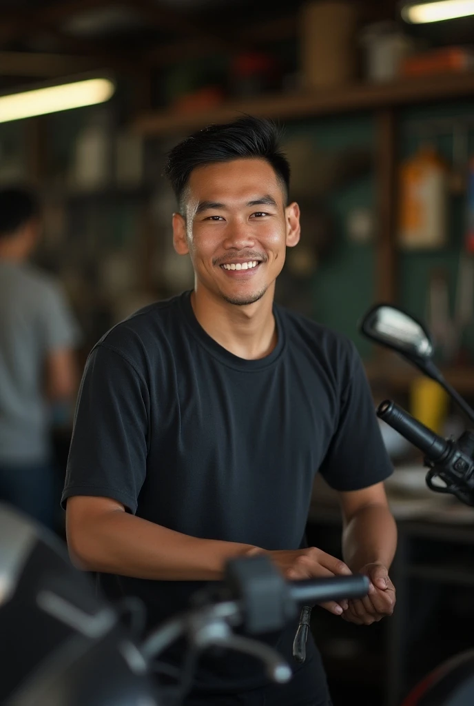 30 year old Indonesian man, at the motorcycle workshop, short hair, dimples