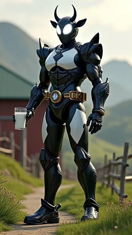 Highly realistic depiction of kamen rider inspired by Cow. White and black motif, glowing white visor, glowing belt in waist, holding a glass of milk. Backgroundin farm