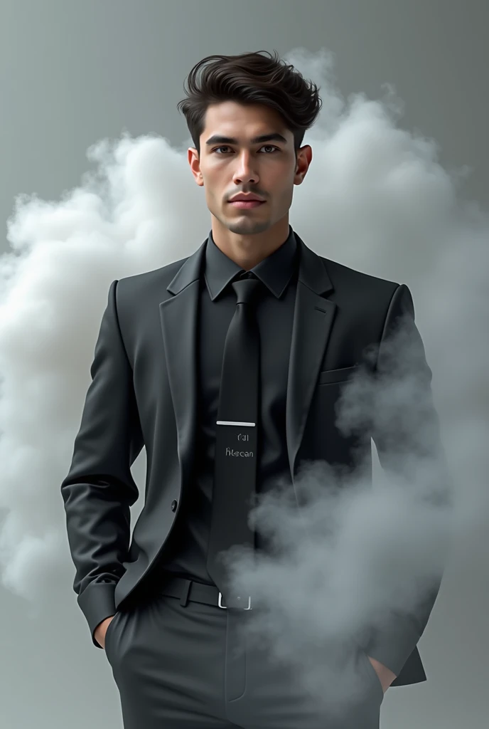 Create a 3D image of 23 years old Pakistan cute boy wearing a black suit that says "Ali Hassan" white smoke artistically