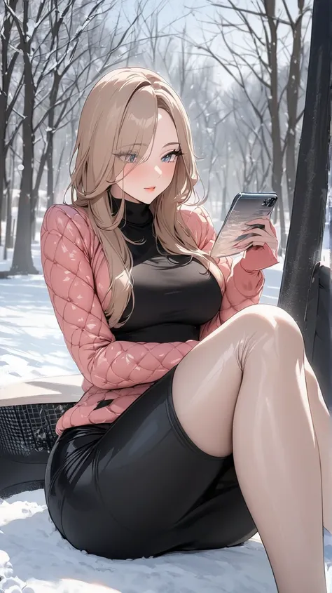 ((Top Quality)), ((Masterpiece)), ((Details)), perfect face, perfect body, winter background, working in the park, listening to music, sitting with legs apart, wearing tight clothes, wear a tight skirt, dating, Woman with face visible, glamorous, peach clo...