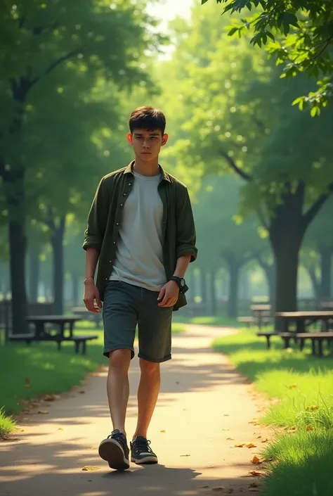 One young  man limping in the park without one foot wear