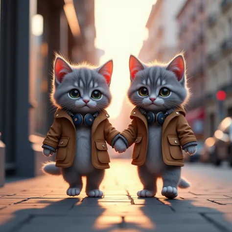 ((Best quality, 8K, Masterpiece: 1.4)),((Amazing detail: 1.3)),((illustration, Hairstyle Casual: 1.2)),((high resolution: 1.1)), A cute kitten with grey color standing, headset on neck casual coat, Fashionabholding hands with his friend while walking on th...