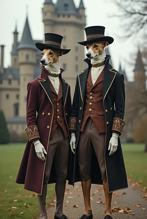  twin male s who are hybrid humans and whippets、 standing side by side in front of a castle 、 wearing like hats, clothes, and shoes from an aristocrat 、Mr.々What coat color 