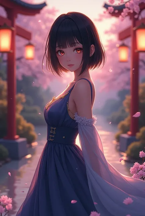 A beautiful anime girl with short, sleek black hair and deep brown eyes, wearing a flowing, elegant dress with intricate designs that enhances her allure. The dress features soft, luxurious fabrics that add to her graceful charm. She stands against a seren...