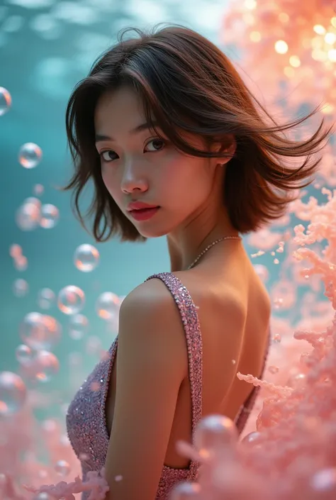 Photo、(Best quality details:1.2),realistic,16K UHD,High definition,Photo, More Creative, ((Top Quality, Masterpiece, Very Detailed)), ((Very Delicate and Beautiful)), Real, HD, ((Short Hair, Shiny Hair)), (Lips), (Shining Skin , shiny dress, focus on chara...