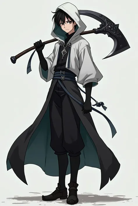 A boy with a black and white robe and with a hood of the same color with a sickle tucked around his back anime version