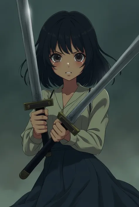 sad anime girl with two swords crying 