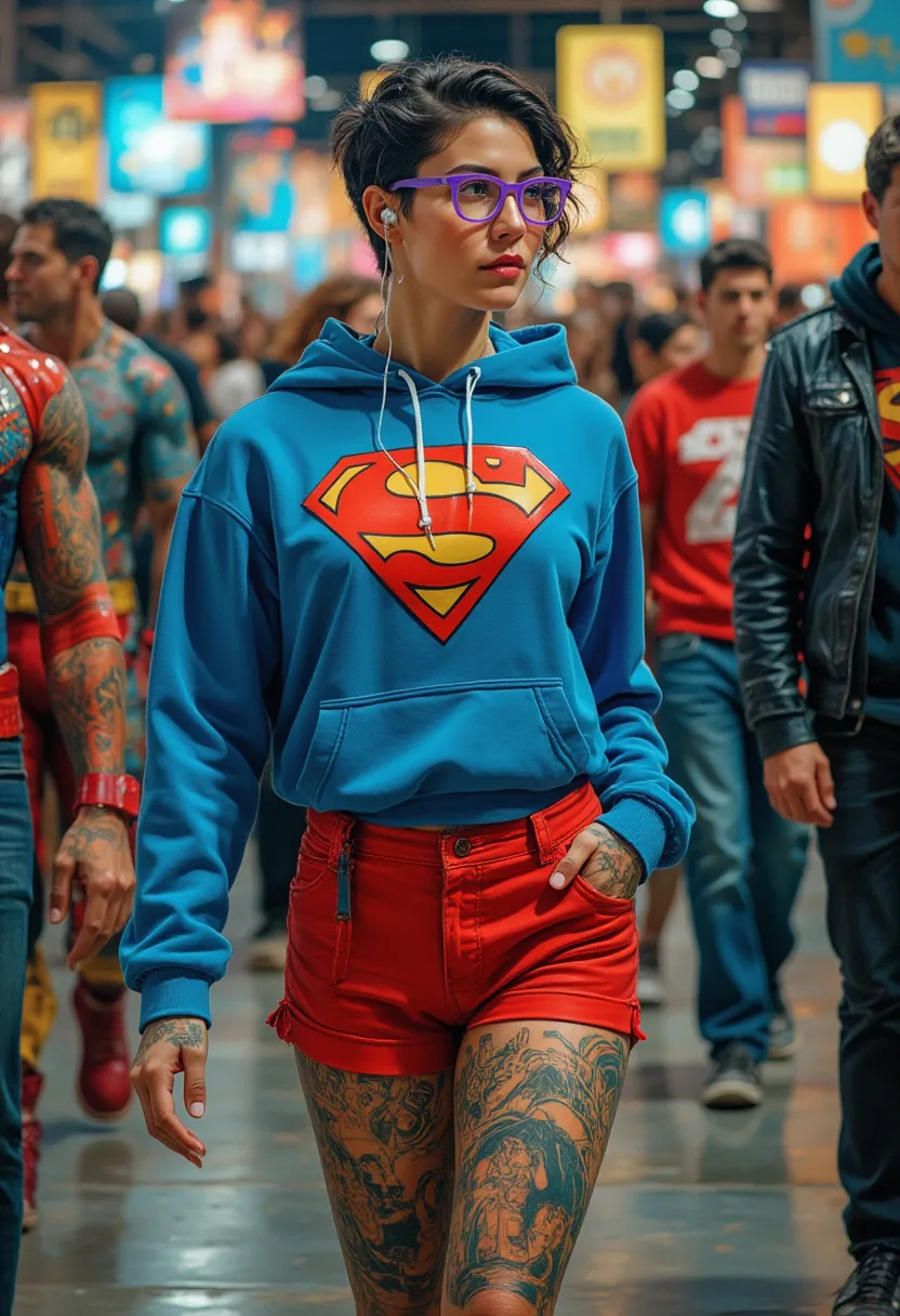 jina a beautiful nerd with purple glasses and earphones ears short black hair blue hoodie with the symbol of superman printed an...