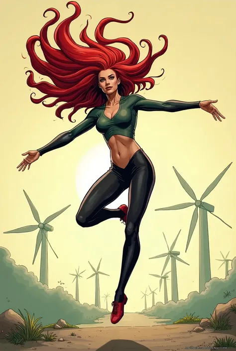 A comic book-style illustration of Kaia The Siren Storm in a graceful, mid-air spin that mimics the motion of a windmill. Her red hair flows around her, creating a swirling effect as she moves with agility and balance. Her fluid, precise stance captures th...