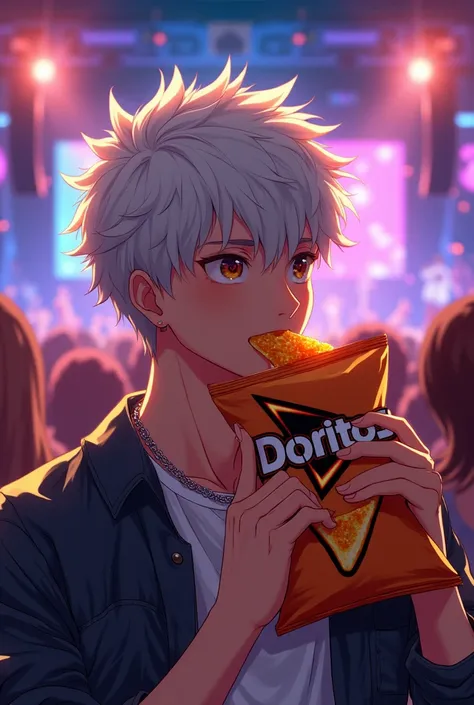 Anime Young brown man with white skin with botana doritos at a concert