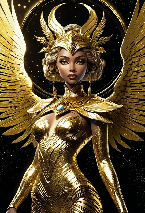 Generate a golden celestial woman with ((extremely perfect)) eyes and (((pure golden galaxy skin))). Her ((onyx  golden) but (soft) face should be highly detailed and realistically shaded with puffy lips. (((Her face is important.))) Her wings are delicate...