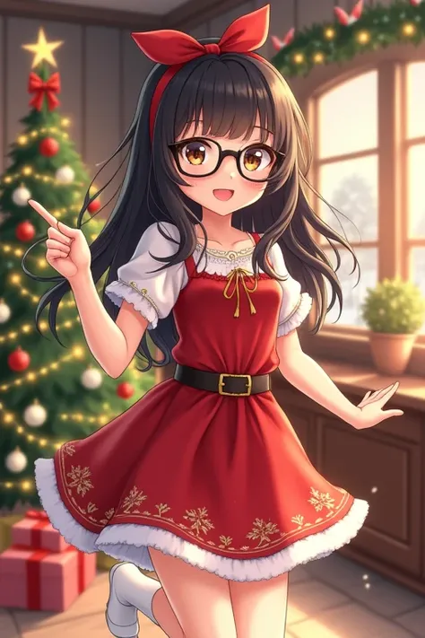  Create an anime character , a girl with long ,  with wavy dark hair ,  tied with a festive ribbon .  Her big eyes shine with kindness and joy ,  decorated with gold details ,  and arched black glasses ,  which give her an intelligent and charming look .  ...