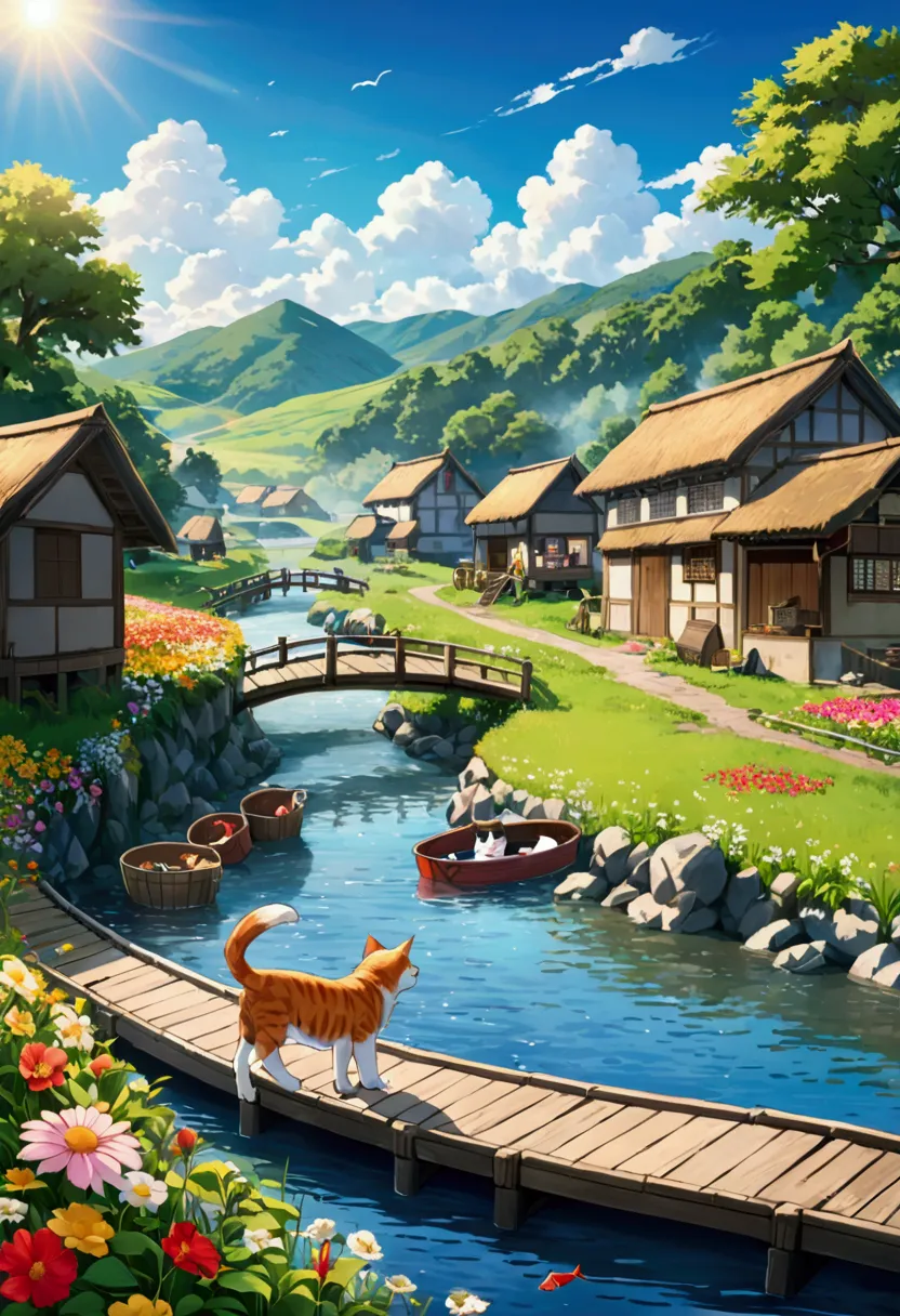 male, Head of the Wolf,  golden eyes, Fishermale's clothes, fish, Fish tub ,  bridge , river,  魚がriverで泳いでいます , sun, morning,  Flower Field,  Beautiful flowers ,   kittens eat fish  ,  Far away, village , Far away there is a forest ,  riverの隣には家があります 