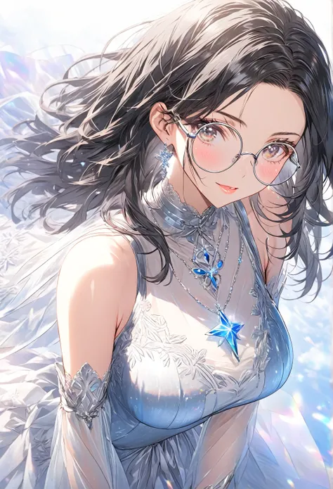 ((highest quality)), ((masterpiece)), (detailed), (front view), (one girl), sexy, shiny skin, glossy skin, height 168cm, bust 120cm, medium size breast, hourglass body, housewife, black hair parted bangs, A mother with warm eyes, Wearing round glasses, Loo...