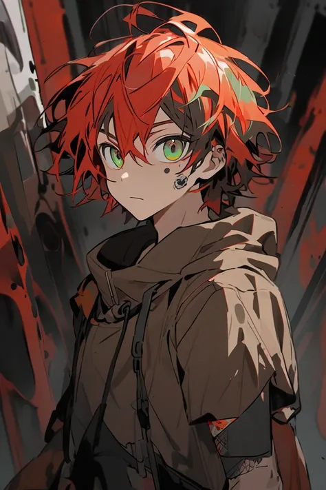 Red haired boy with tints of orange in his hair wearing a brown hoodie and a black cast on his left arm with red and green eyes