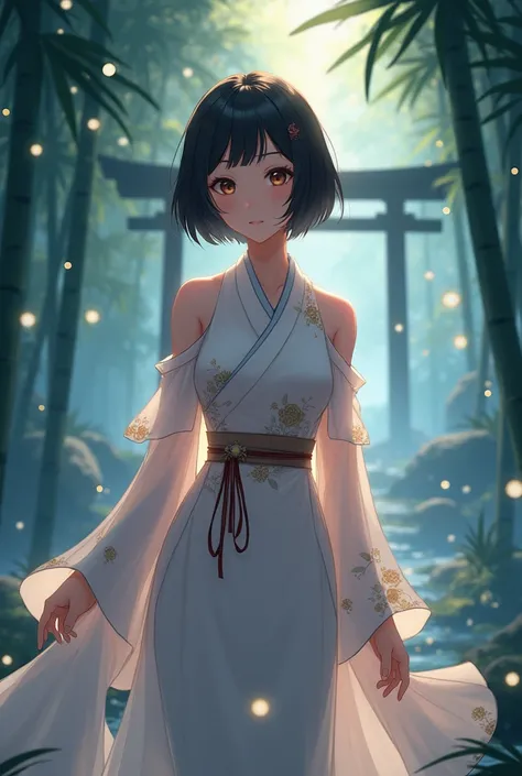 A beautiful anime girl with short black hair and soft brown eyes, dressed in an elegant, kimono-inspired gown with delicate floral patterns and flowing sleeves, blending traditional charm with a mature body and  modern allure. She stands in a misty bamboo ...