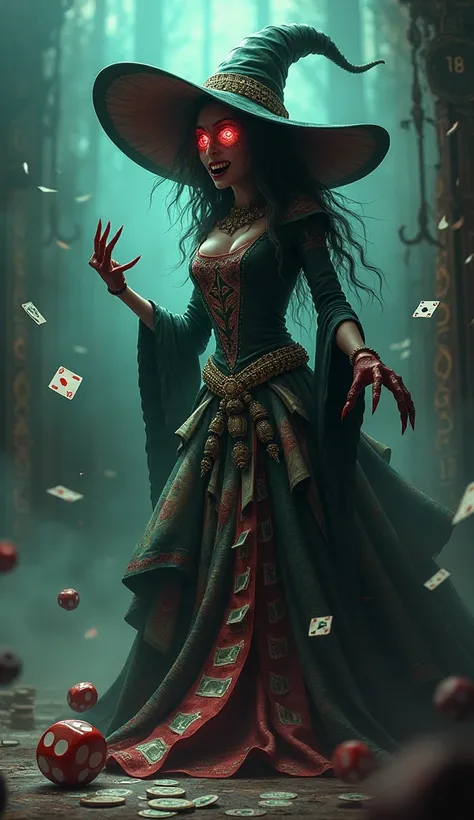 Gambling Witch: "A monstrous witch embodying gambling addiction, with a face that resembles a spinning roulette wheel, eyes like dice, and teeth made of sharp playing cards. Her enormous clawed hands hold poker chips, and her gown is sewn from currency not...