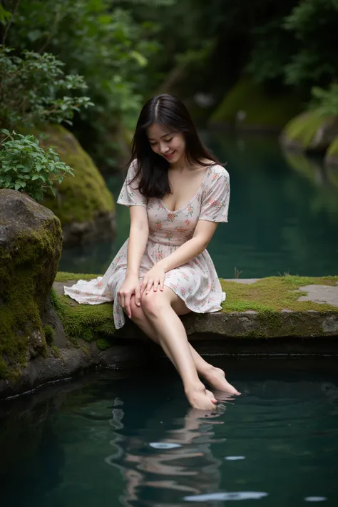 A tranquil, softly lit scene of a Korea idol woman seated by a moss-covered stone water pool in a lush, natural setting. She is wearing a light, flowing floral dress that drapes gracefully around her. Her bare feet extend over the edge, submerged up to her...