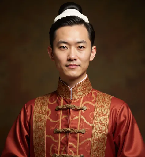 Create a highly realistic portrait of a Vietnamese emperor from the early 20th century, inspired by the provided reference. The subject is a dignified man with Asian features, wearing a traditional áo dài with intricate gold and deep red embroidered patter...