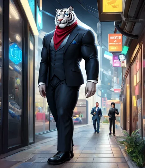 (photorealism1.2) Anthropomorphic male white tiger, blue eyes, human eyes, scar on right eye, grey claws, massively robust, massively wide, massively muscular, bodybuilder, biceps and legs wider than weist, chest bigger than head, wearing rich black blazer...