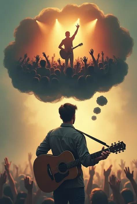  A man with a guitar in his hand and a thought bubble above him, In the mind bubble he is himself playing at a concert 