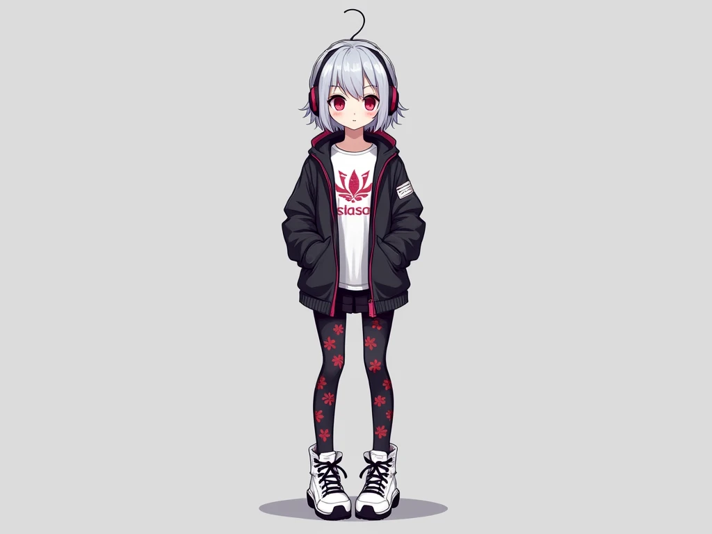 make me  cutegirl character her height is 150 with silver short hair and pink eyes that use headset ,around  18,use white shirt with the pattern ^ , use black cyberpunk jacket style , with black long tights with red  pattern ^, and white high shoe with bla...