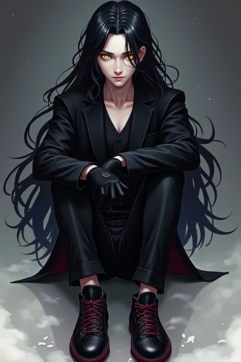 A feminine looking guy with black wavy long silky hair, fair skin, yellow eyes, long lashes, black suit, gloves, black snickers, maroon shoes 
Anime