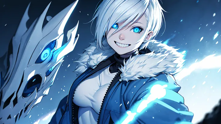 Toby Fox Undertale Sans Blue Jacket , Fire Eyes Skull Smile White Short Hair Luminous Face Blue Dragon Bone Cannon One Person Standing In Snow Town Femininefull Super huge big breasts breast enlargement ultra-detailed, HDR, vibrant colors, soft lighting