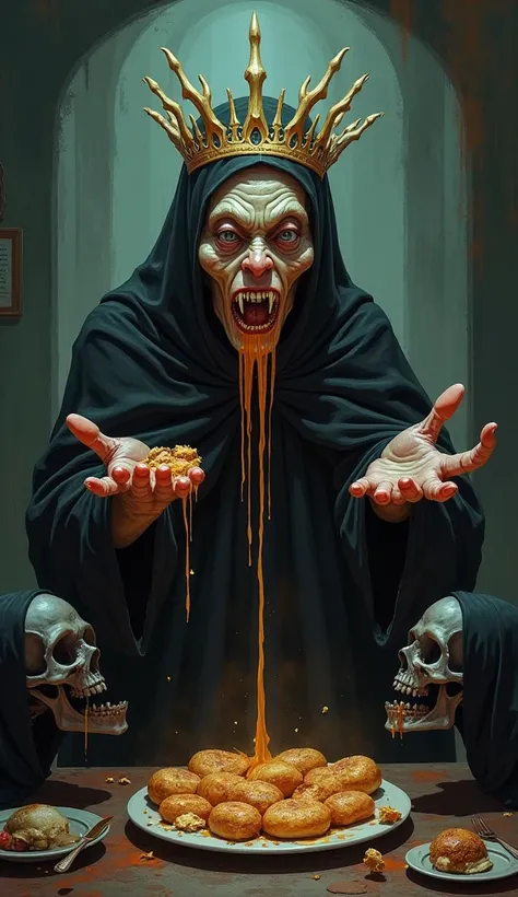 Food Witch: "A gluttonous, nightmarish witch representing food addiction, with a grotesque smile and an endless banquet cascading down her robe. Her skin looks like dough, her eyes glazed like sugary treats, and her crown is made from bones of feast remnan...