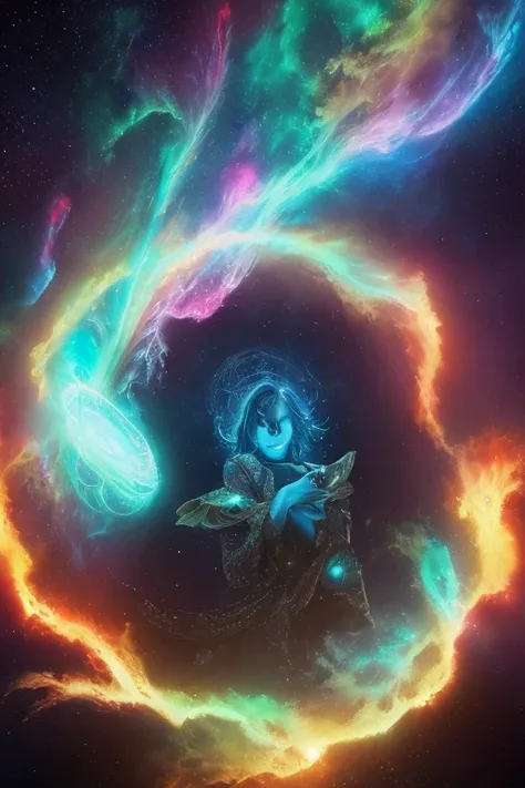 inconceivable and spectacular a scene of emergence of a figure crying from the glowing cloud, shining heart, tears, fear, flowing, bioluminescent skin, fractal nebula threads, iridescent, rain, cosmic entities, celestial, cosmic, transparent, vibrant and v...