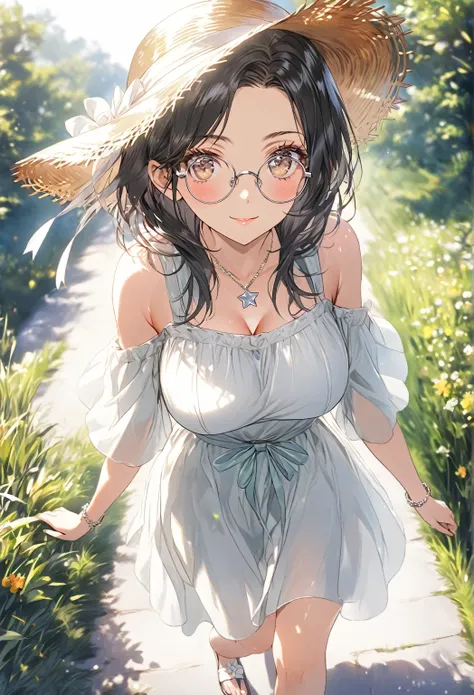 ((highest quality)), ((masterpiece)), (detailed), (front view), (one girl), sexy, shiny skin, glossy skin, height 168cm, bust 120cm, medium size breast, hourglass body, housewife, black hair parted bangs, A mother with warm eyes, Wearing round glasses, Loo...