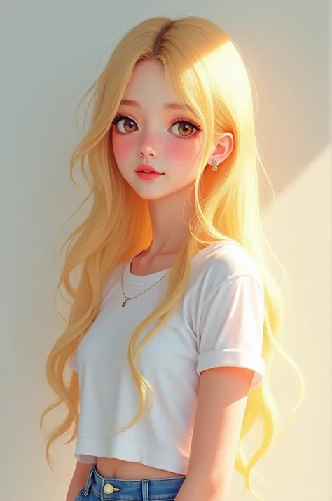 Long, light, yellowish blonde, glowy, silky, soft, fluffy dense, wavy open hair with curtain bangs 
White T-shirt short sleeves 
Blue shorts 
Fair skin, natural small blush on cheeks and nose, pink lips, long eyelashes, light brown eyes 